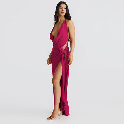Deep V-neck Halter High Slit Skirt Set
