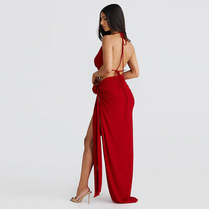 Deep V-neck Halter High Slit Skirt Set