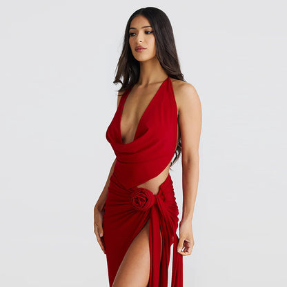 Deep V-neck Halter High Slit Skirt Set