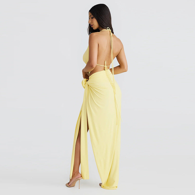 Deep V-neck Halter High Slit Skirt Set