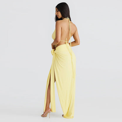 Deep V-neck Halter High Slit Skirt Set