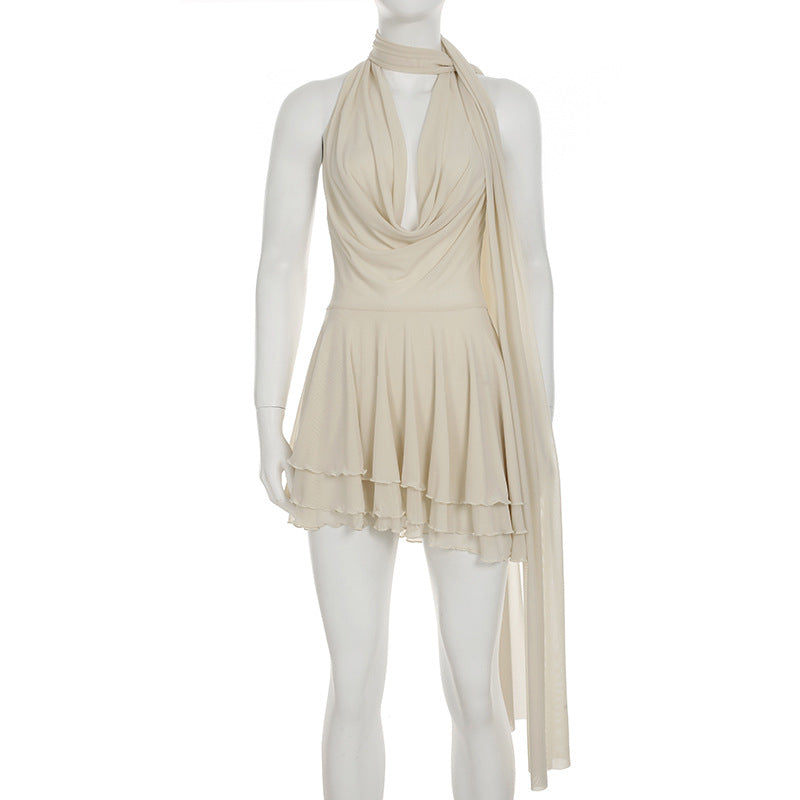 Deep V Swing Collar Halter Ribbon Dress