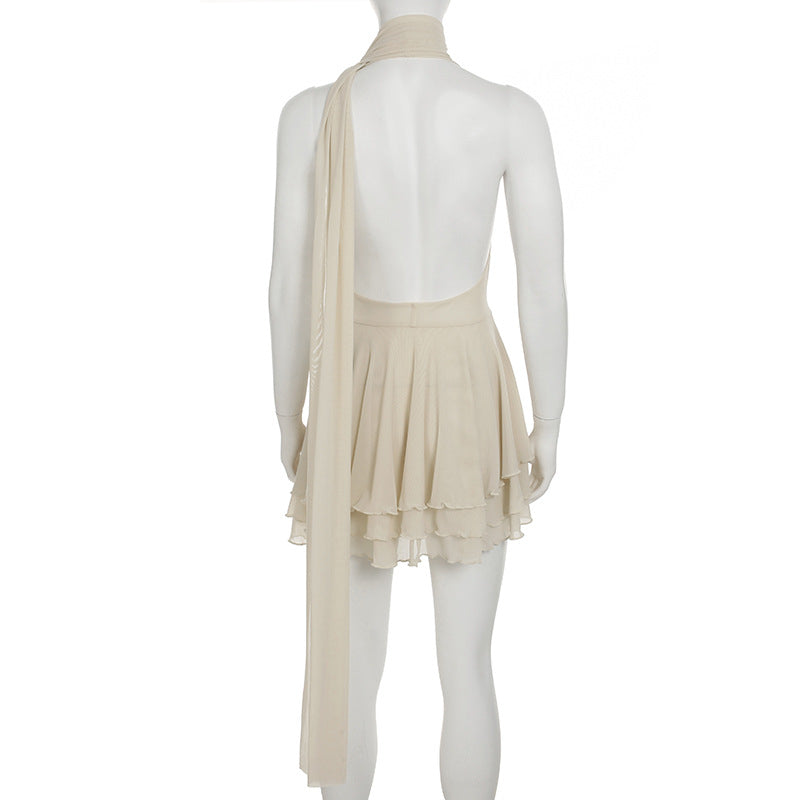 Deep V Swing Collar Halter Ribbon Dress