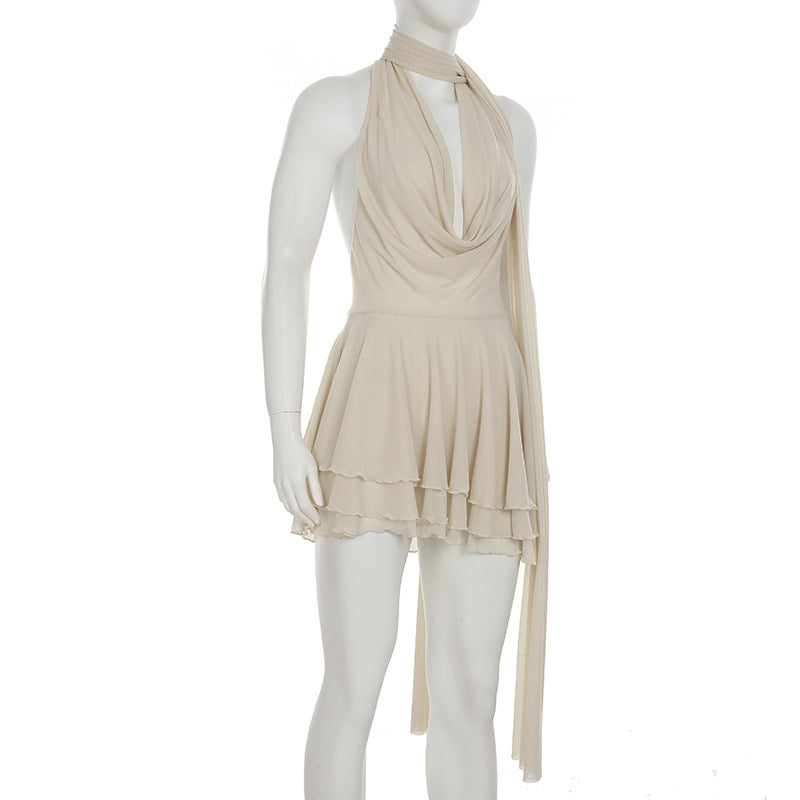 Deep V Swing Collar Halter Ribbon Dress
