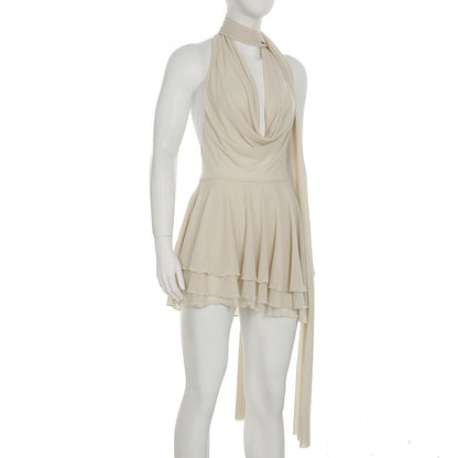 Deep V Swing Collar Halter Ribbon Dress