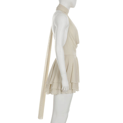 Deep V Swing Collar Halter Ribbon Dress