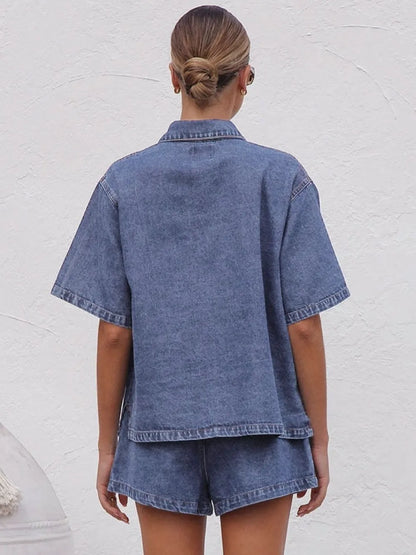 back view of woman wearing a Denim Button-Up Shirt and High-Waist Shorts Set against a white background
