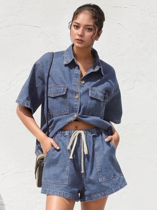 woman wearing a denim Button-Up Shirt and High-Waist Shorts Set with a white background