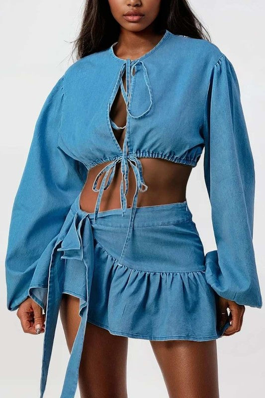 two piece denim crop tie front top and ruffle wrap mini skirt for women on model