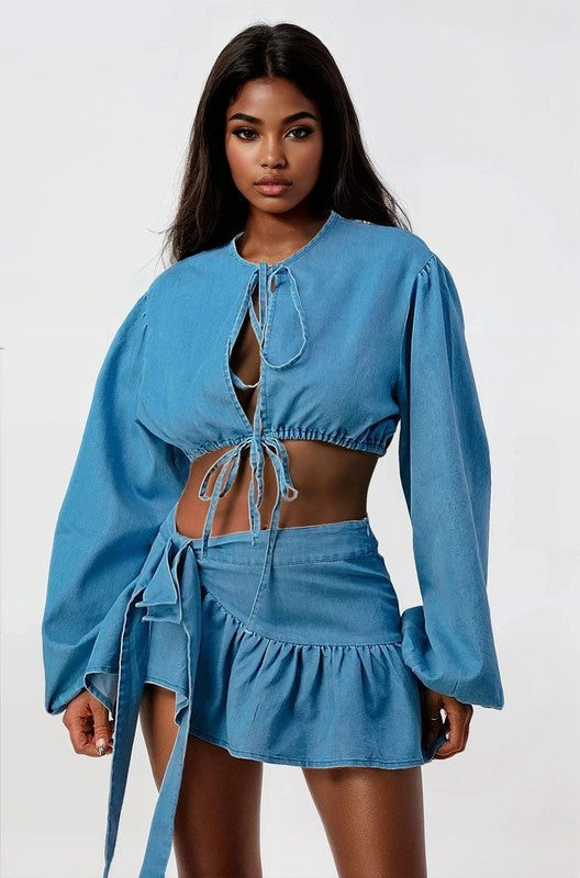 Model wearing denim dreams two-piece set (crop top + skirt) front view