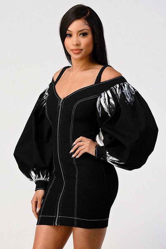 edgy zip front bodycon dress for nights out for women on model on a white background