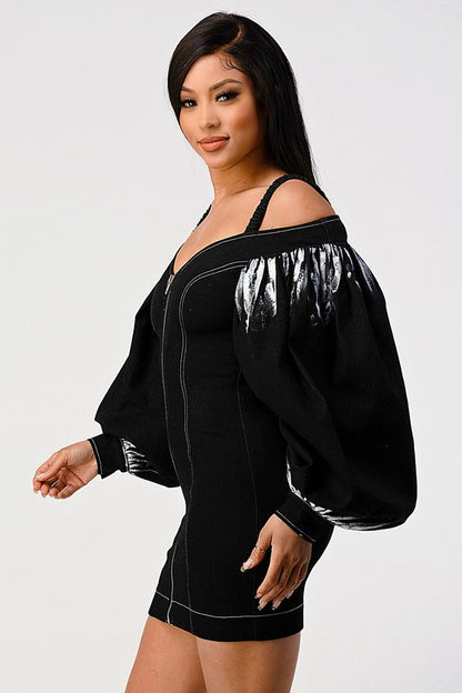 woman posing in a urban streetwear denim bodycon mini with front closure and   lantern long sleeves