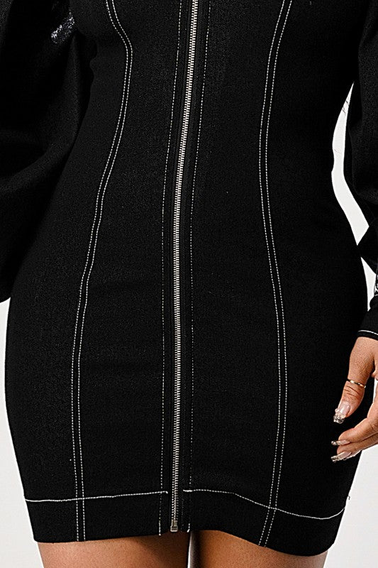 close up of zipper and front hemline of a black denim mini bodycon dress for women 
