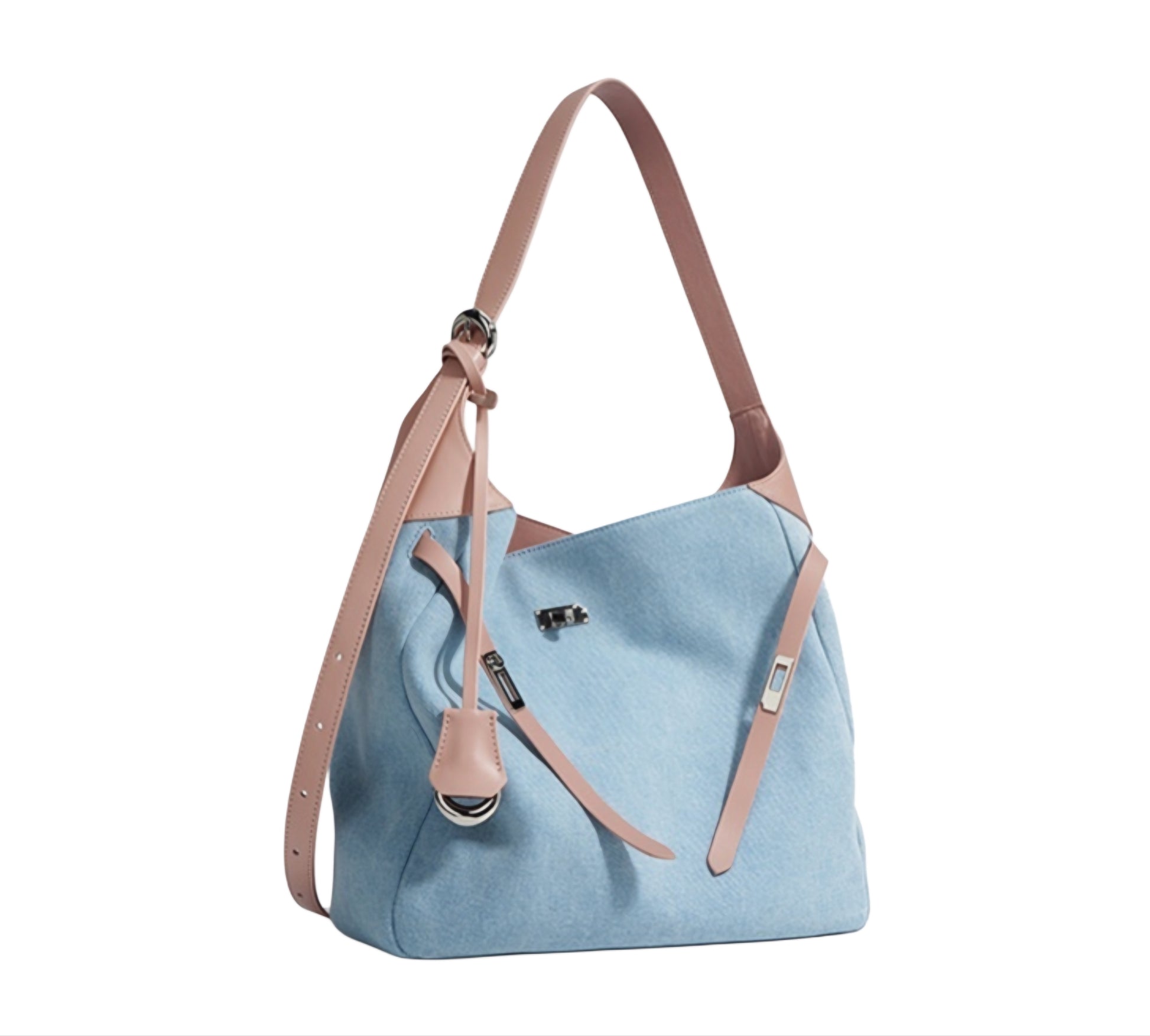 Light blue denim shoulder tote handbag with pink genuine leather shoulder straps on a white background