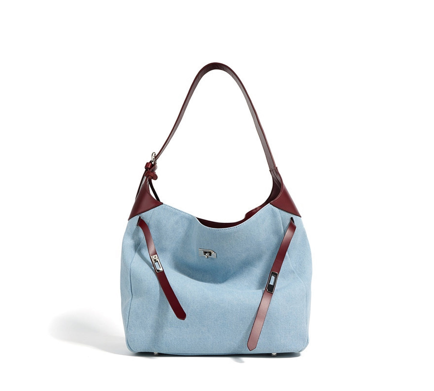 Light blue Denim & Genuine Leather Contrast Tote Bag on a white background