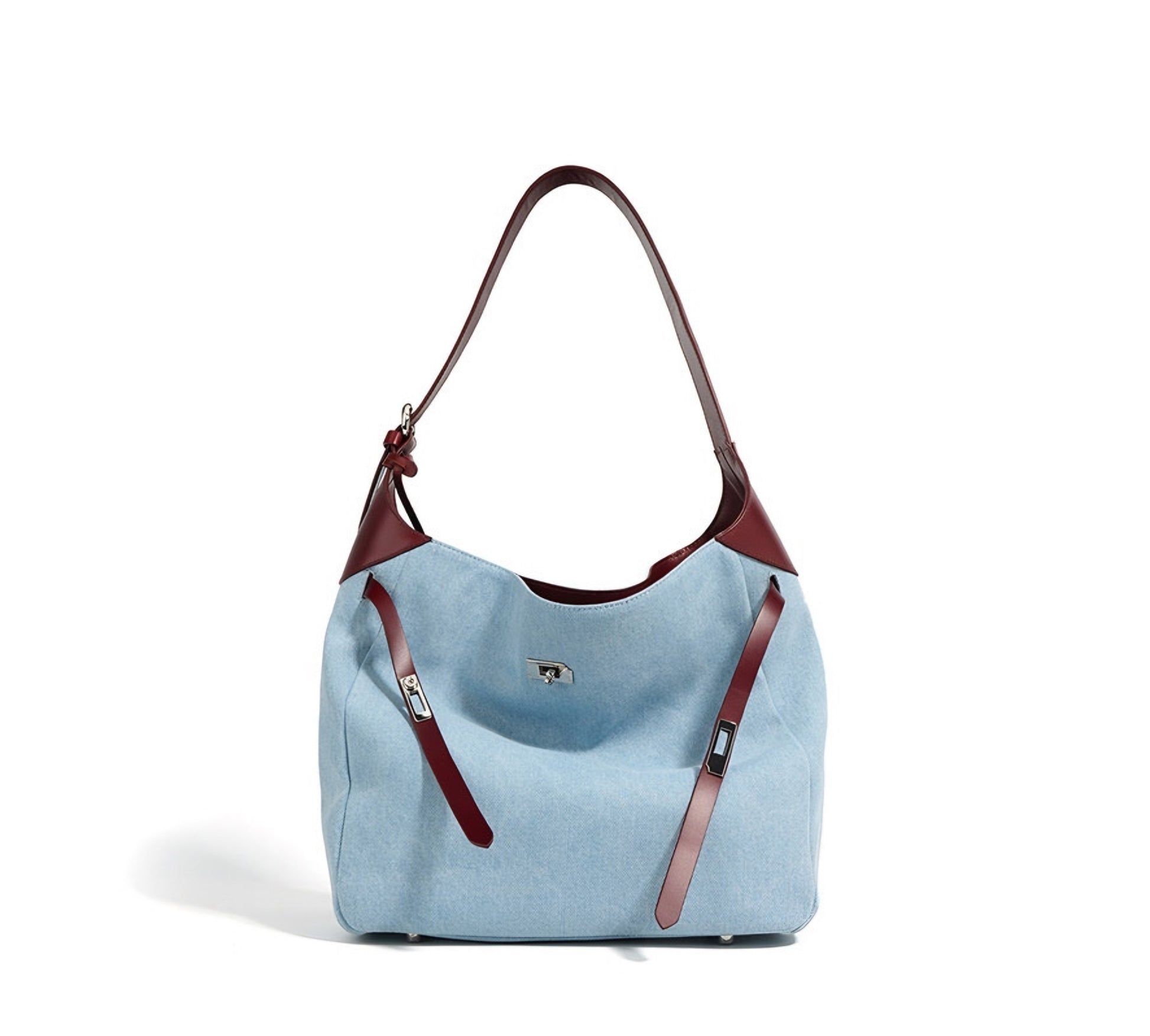Light blue Denim & Genuine Leather Contrast Tote Bag on a white background