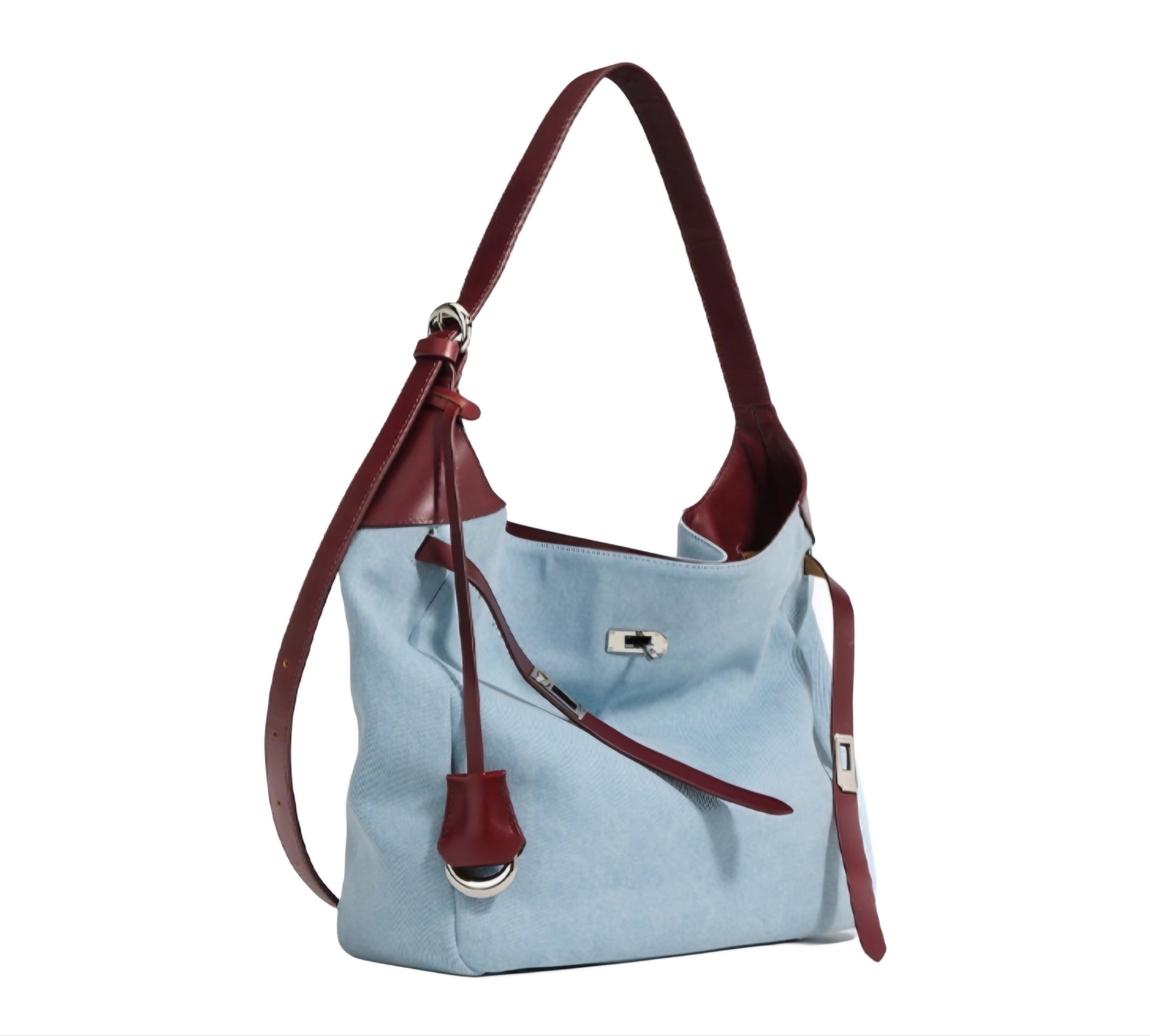 Light blue Denim & Genuine Leather Contrast Tote Bag side angle view on white background
