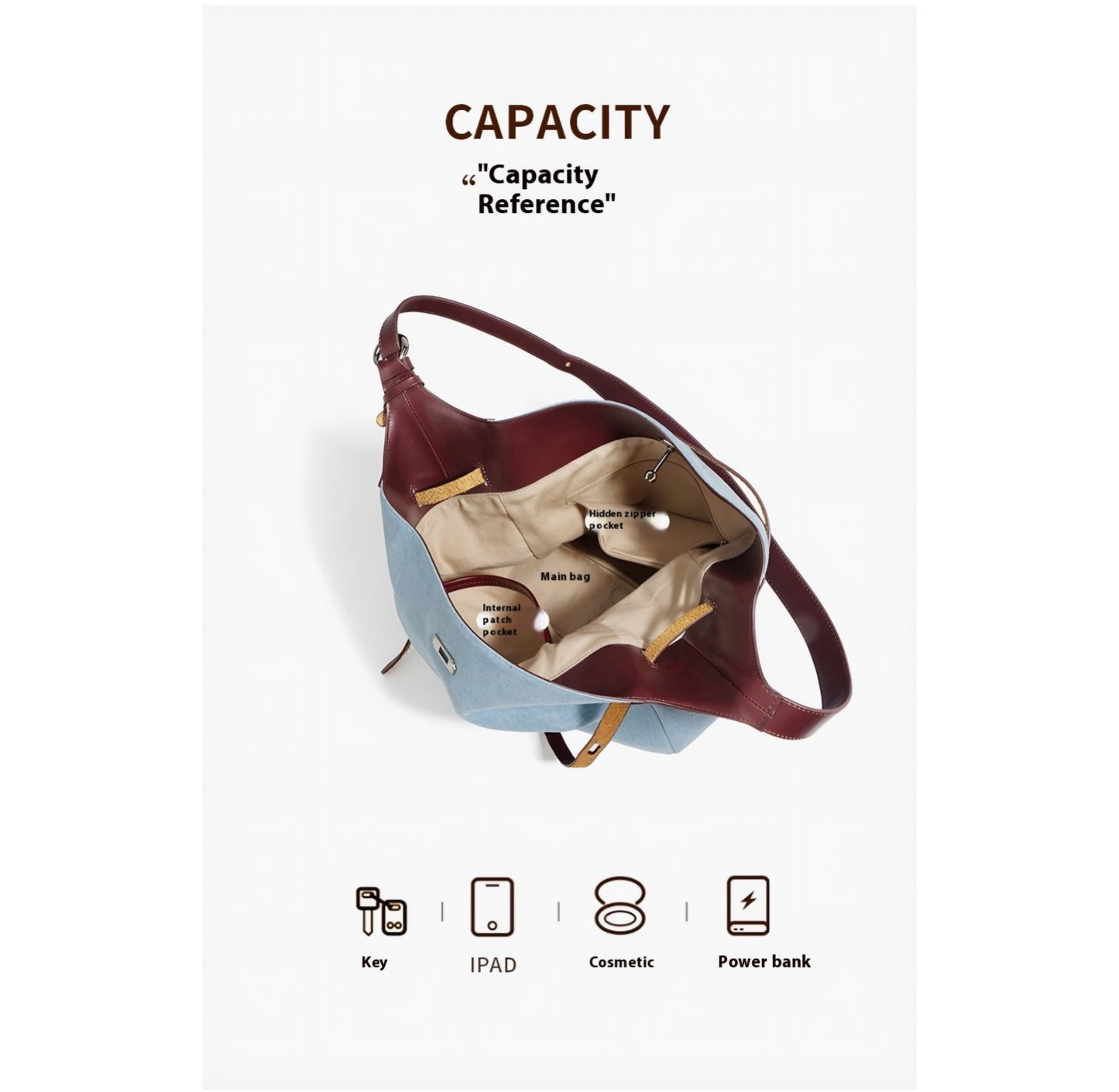 Open view of Denim & Genuine Leather Contrast Tote Bag with capacity reference icons on a white background