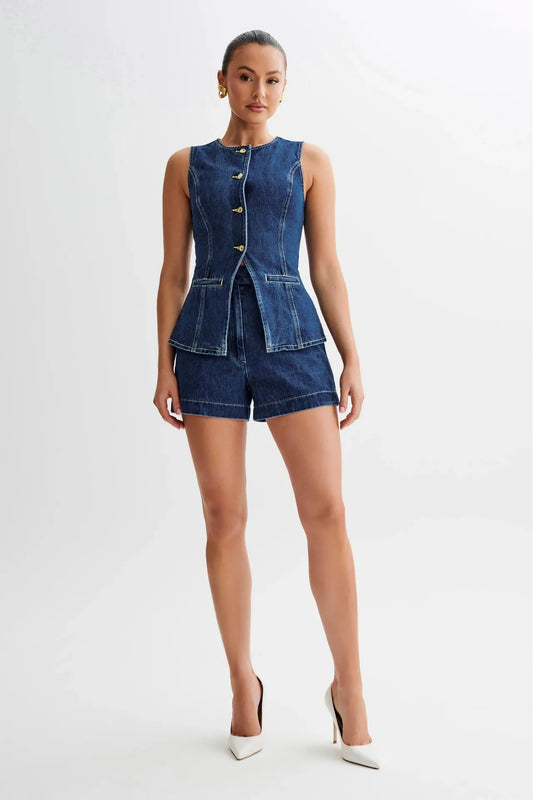 Denim Top And High Waist Shorts Set