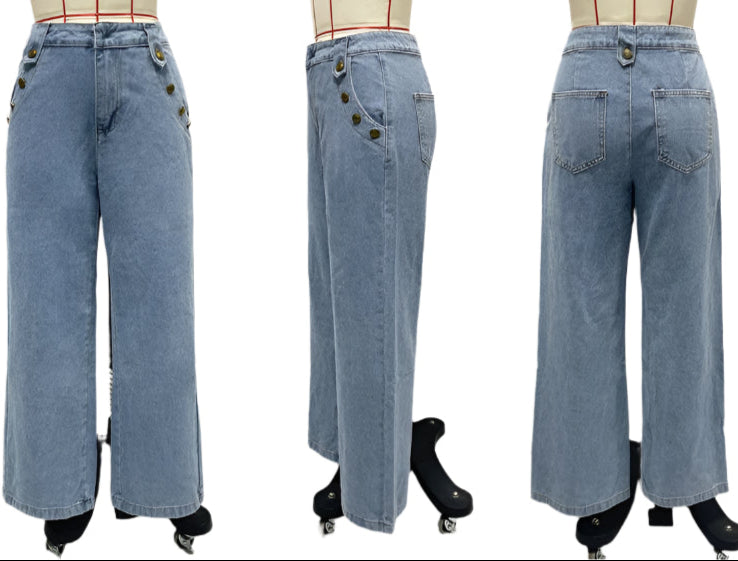 Women's Blue wide-leg relaxed fit jeans shown from front, side, and back on a white background