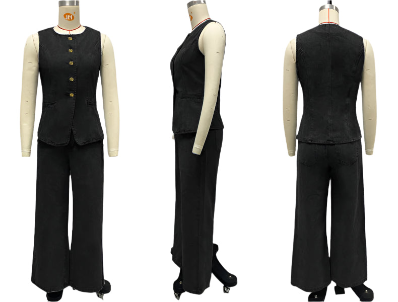 Black two piece denim casual set on a mannequin with front, side, and back views against a white background
