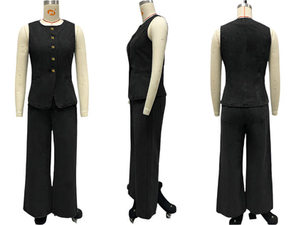 Black two piece denim casual set on a mannequin with front, side, and back views against a white background