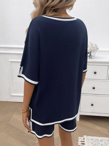 Soft fabric women's loungewear set with V-neck top in Dark blue on model back view