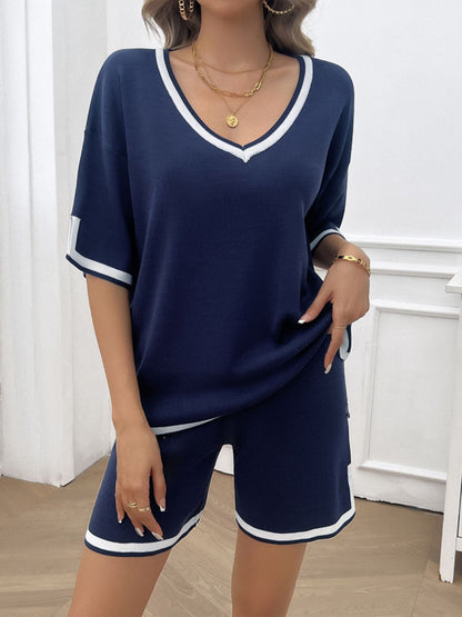 Dark blue Soft fabric women's loungewear set with V-neck top front view on model