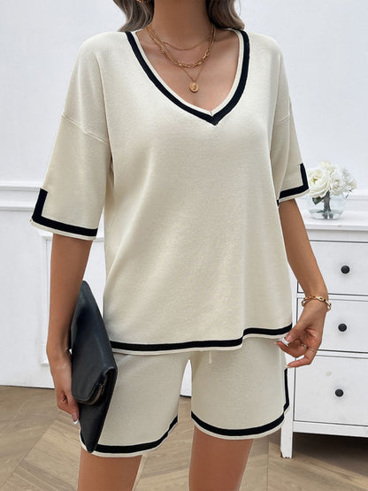 Women's contrast trim V-neck top and shorts set in white on model