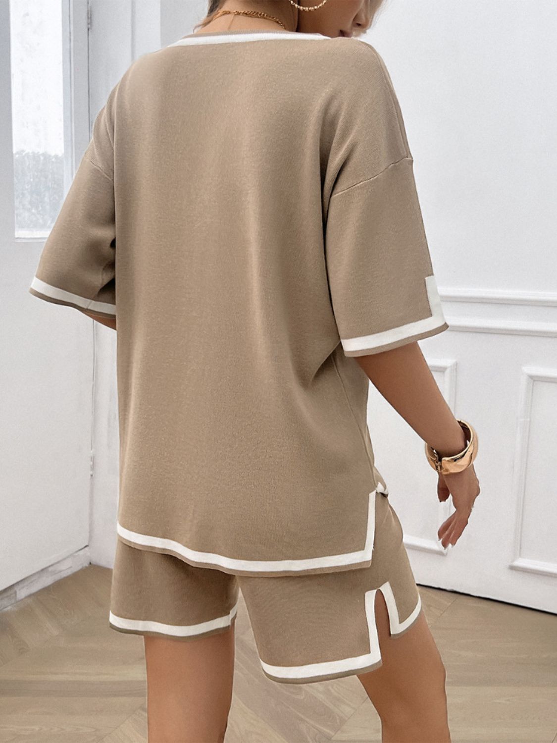 Mocha/Tan Lightweight two-piece loungewear set for women back view