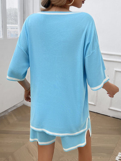 Casual summer outfit with V-neck top and shorts in pastel blue on model back view