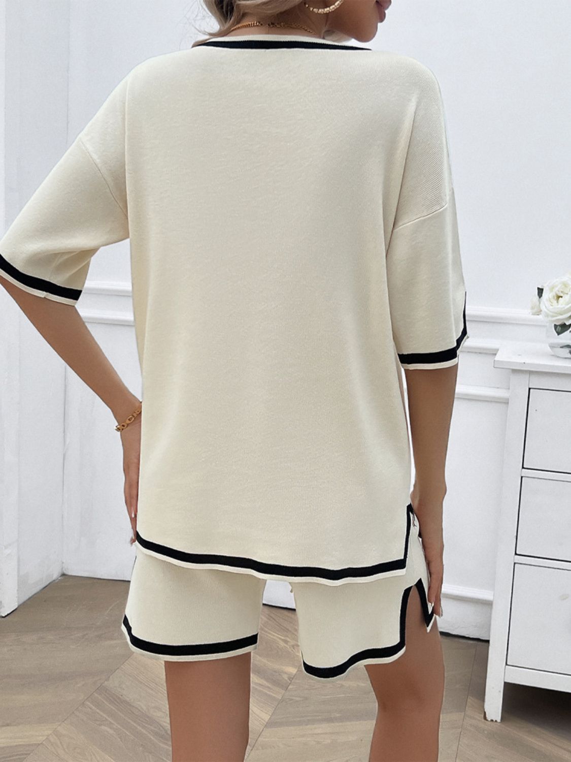 Women's contrast trim V-neck top and shorts set in white back view