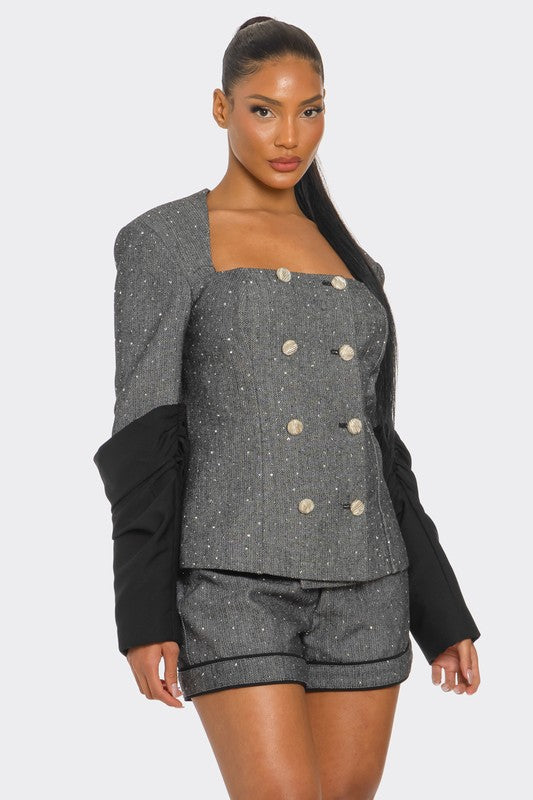 tweed two piece blazer and high waist shorts set with interwoven shimmer for women trendy fashion evening / event wear 