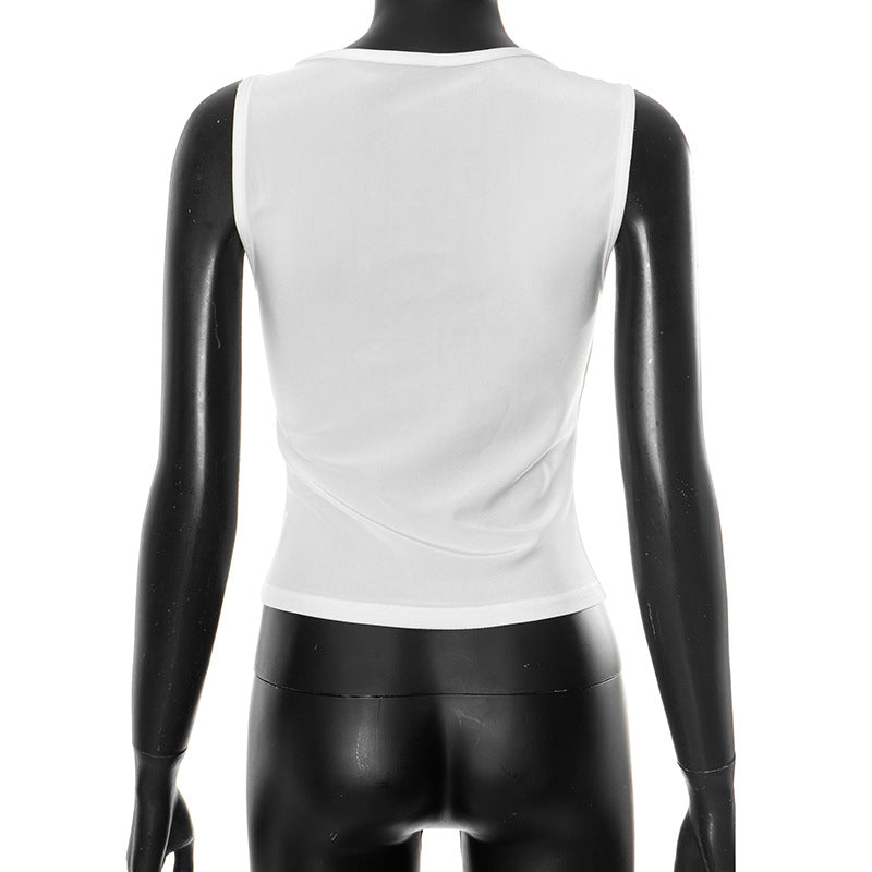 back view of Mannequin wearing a white sleeveless top with gold shoulder clasp 
