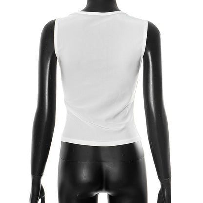 back view of Mannequin wearing a white sleeveless top with gold shoulder clasp 