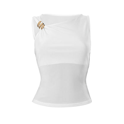 White sleeveless top with a gold accent on a white background