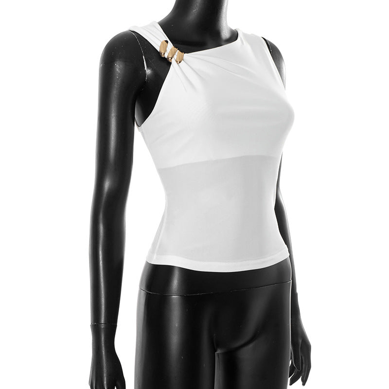 White sleeveless top with gold clasp on a black mannequin against a white background