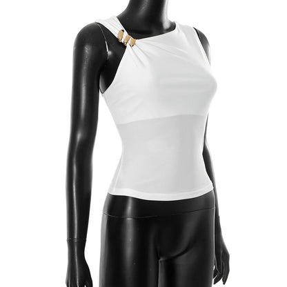 White sleeveless top with gold clasp on a black mannequin against a white background