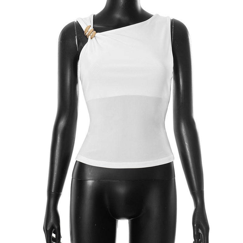 Mannequin wearing a white sleeveless top with gold shoulder clasp front view