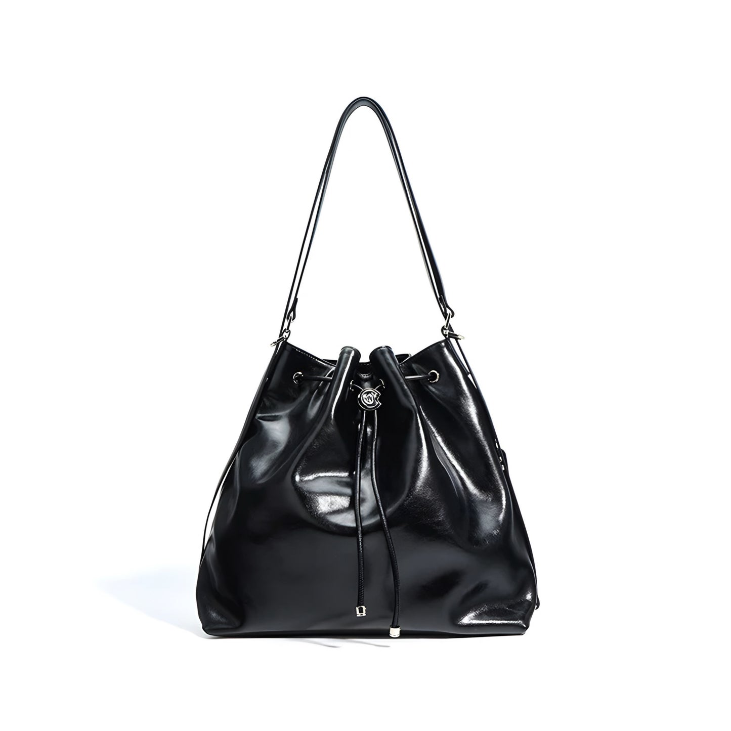 Black genuine leather bucket shoulder handbag with drawstring closure on a white background front view