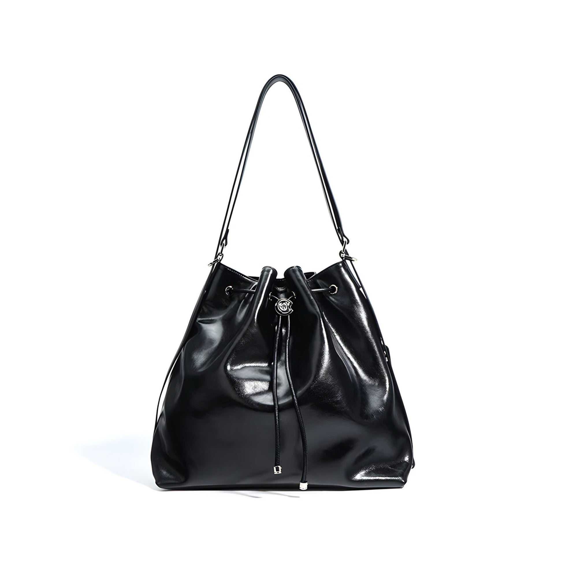 Black genuine leather bucket shoulder handbag with drawstring closure on a white background front view