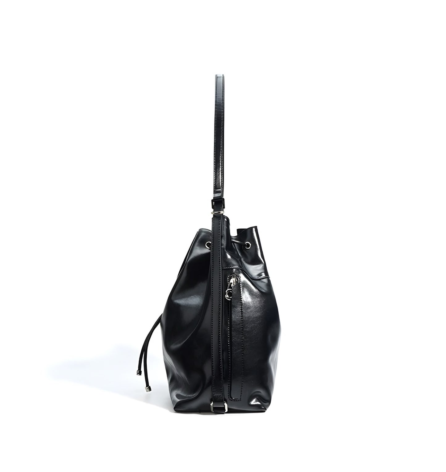 Black genuine leather drawstring bucket shoulder handbag on a white background side view