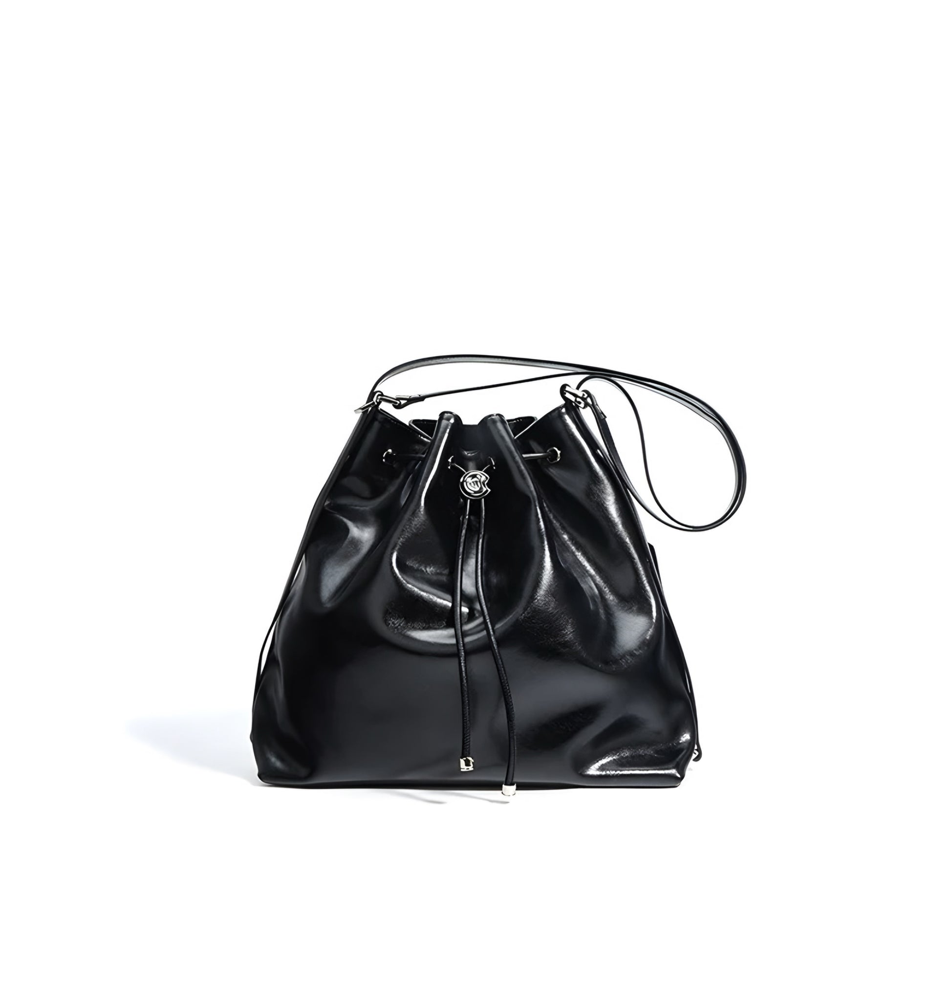 Black genuine leather drawstring  bucket shoulder bag on a white background