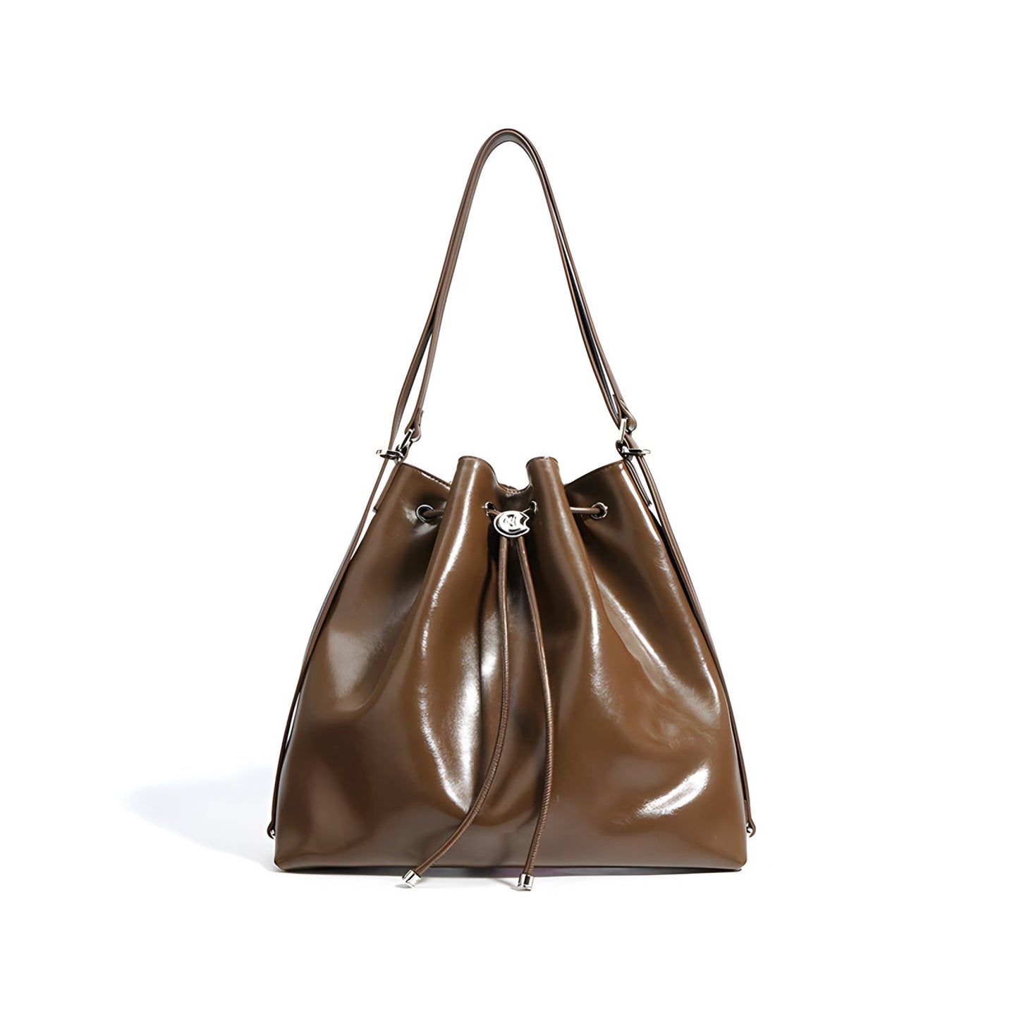 Front view of brown genuine leather bucket drawstring shoulder handbag on a white background