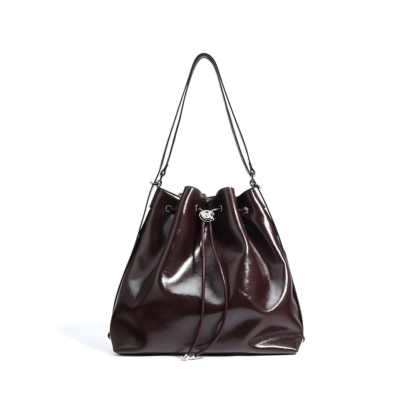 Deep Burgundy genuine leather bucket shoulder handbag with a drawstring closure on a white background front view