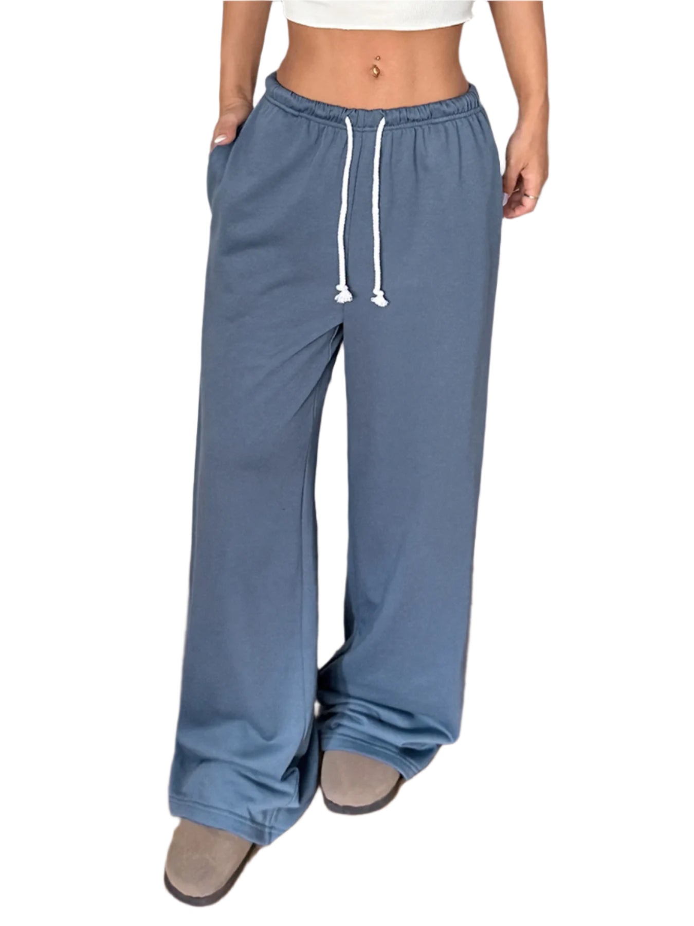 Woman wearing High-rise wide-leg sweatpants with drawstring waist