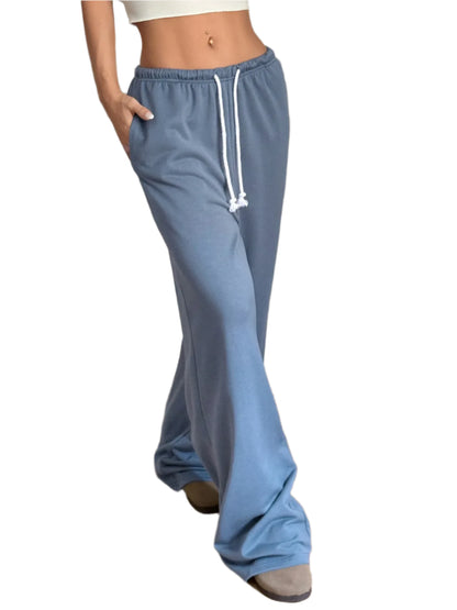 Woman wearing blue drawstring Athleisure wide-leg sweatpants for women 