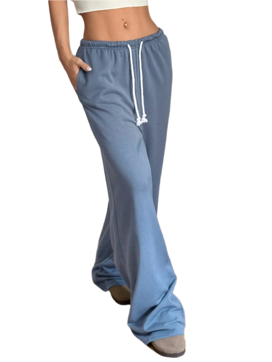 Woman wearing blue drawstring Athleisure wide-leg sweatpants for women 