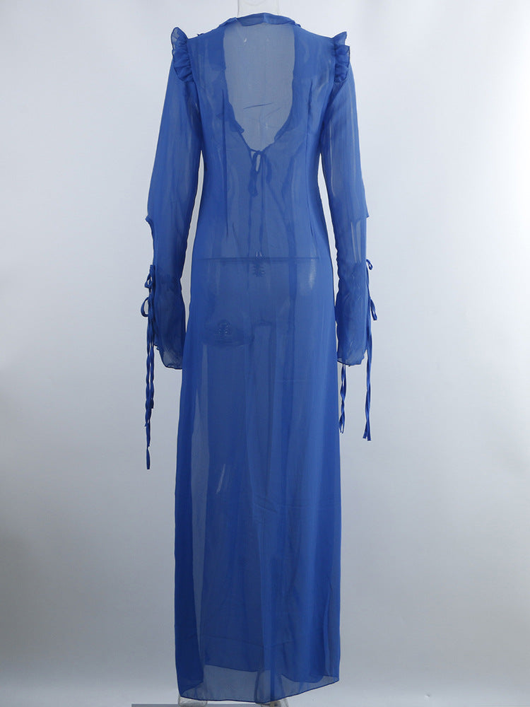 Ruffle Edge Drawstring V-neck Slit Dress