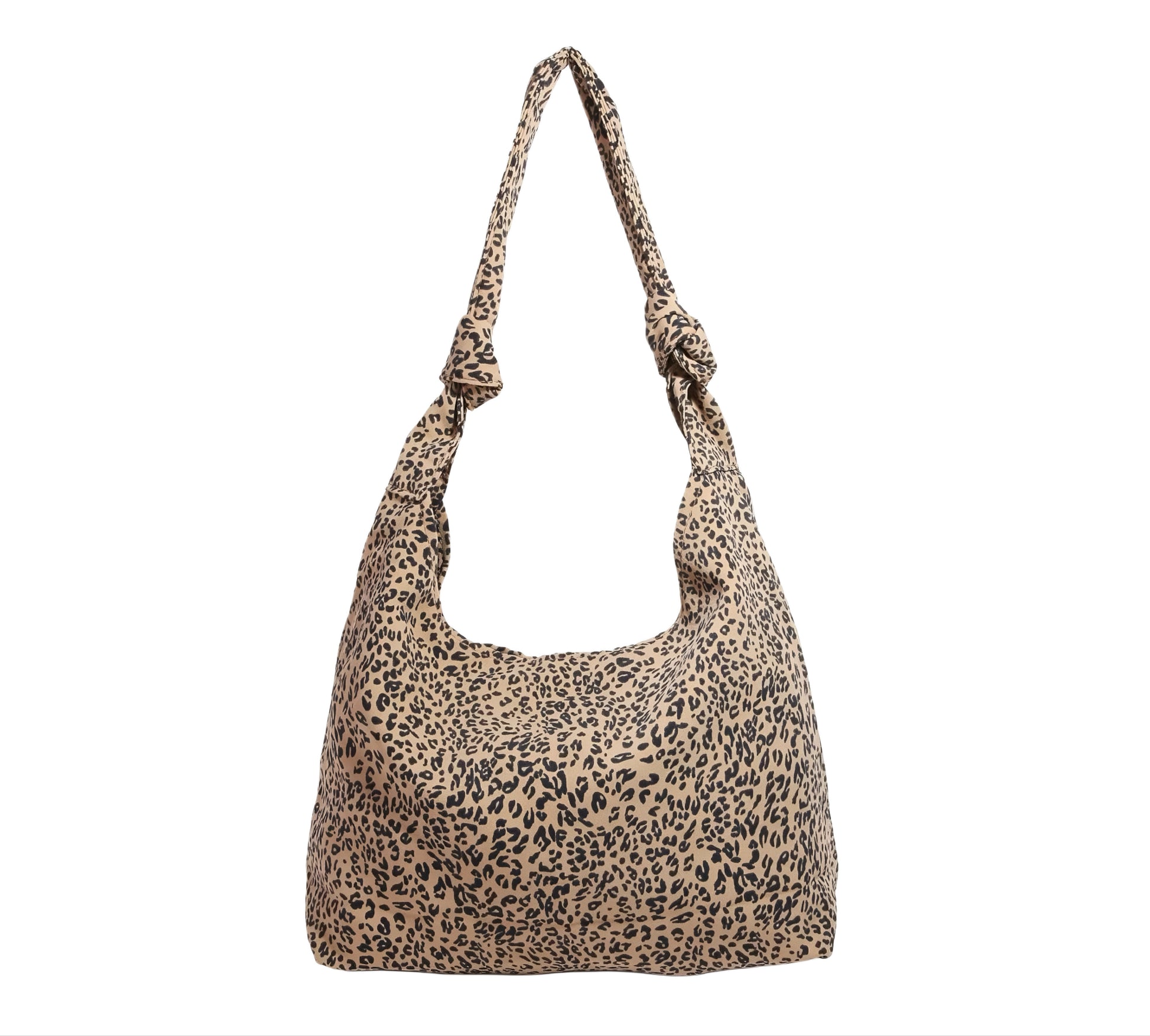 Brown leopard print handbag tote with knotted shoulders on a white background